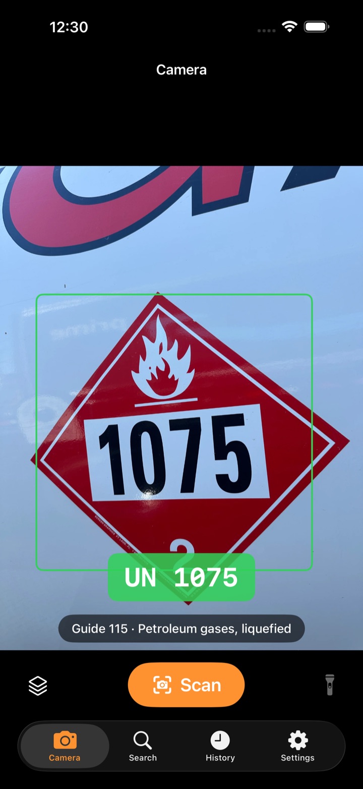 HazScan confirming a scan of UN 1075 placard and showing ERG Guide 115, petroleum gases (liquefied)