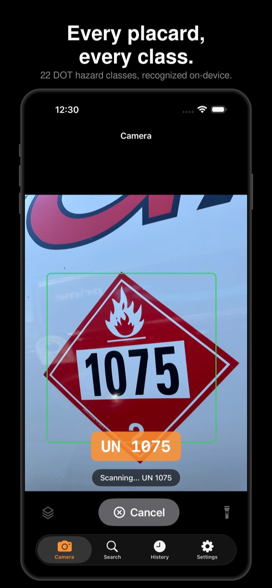 HazScan recognizing a placard’s UN number and hazard class — “Every placard, every class.”