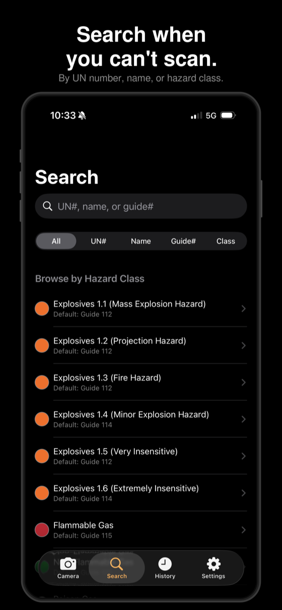 Manual search by UN number, name, or hazard class — “Search when you can’t scan.”